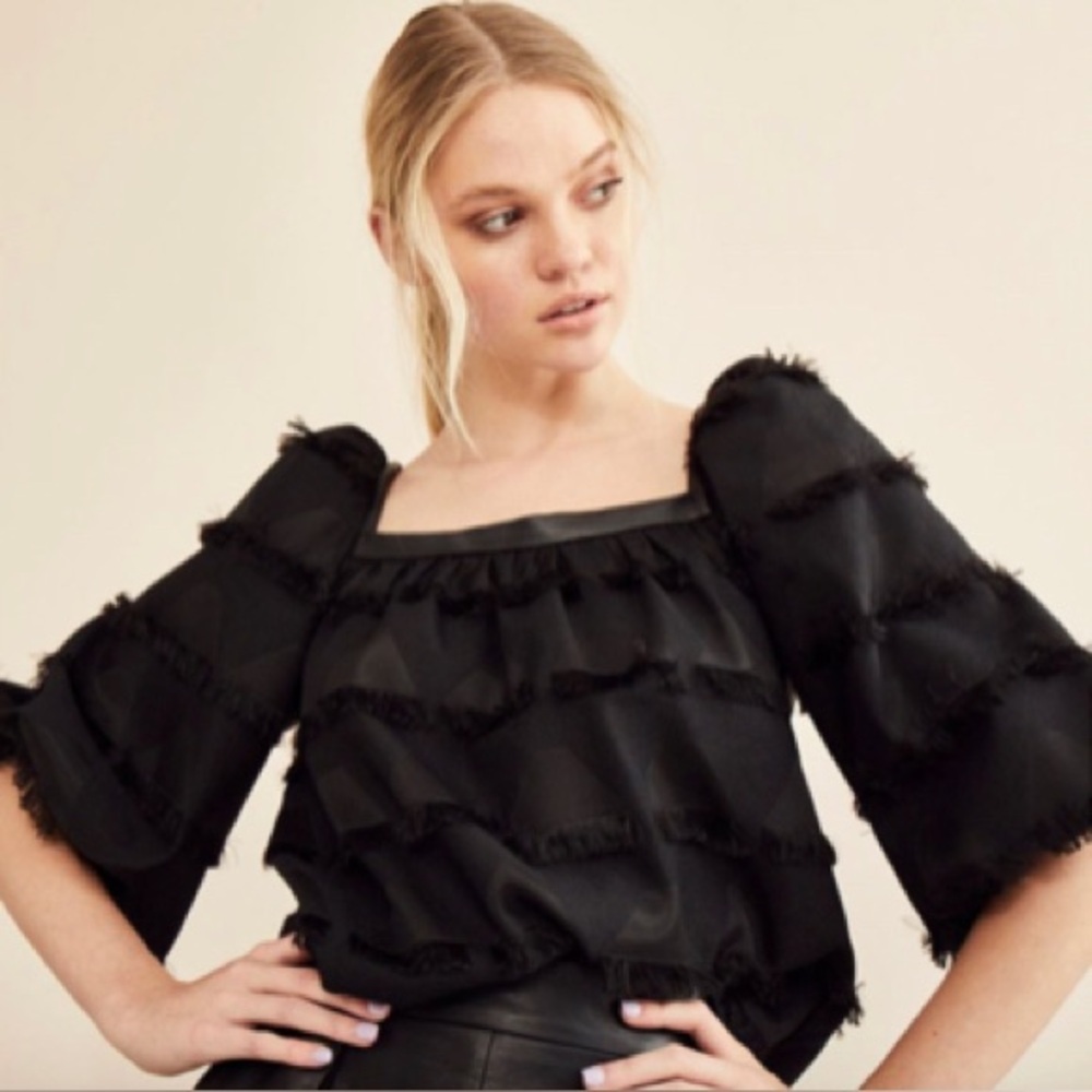 HUNTER BELL Black Ruffled Square-Neck Puff Sleeve Top